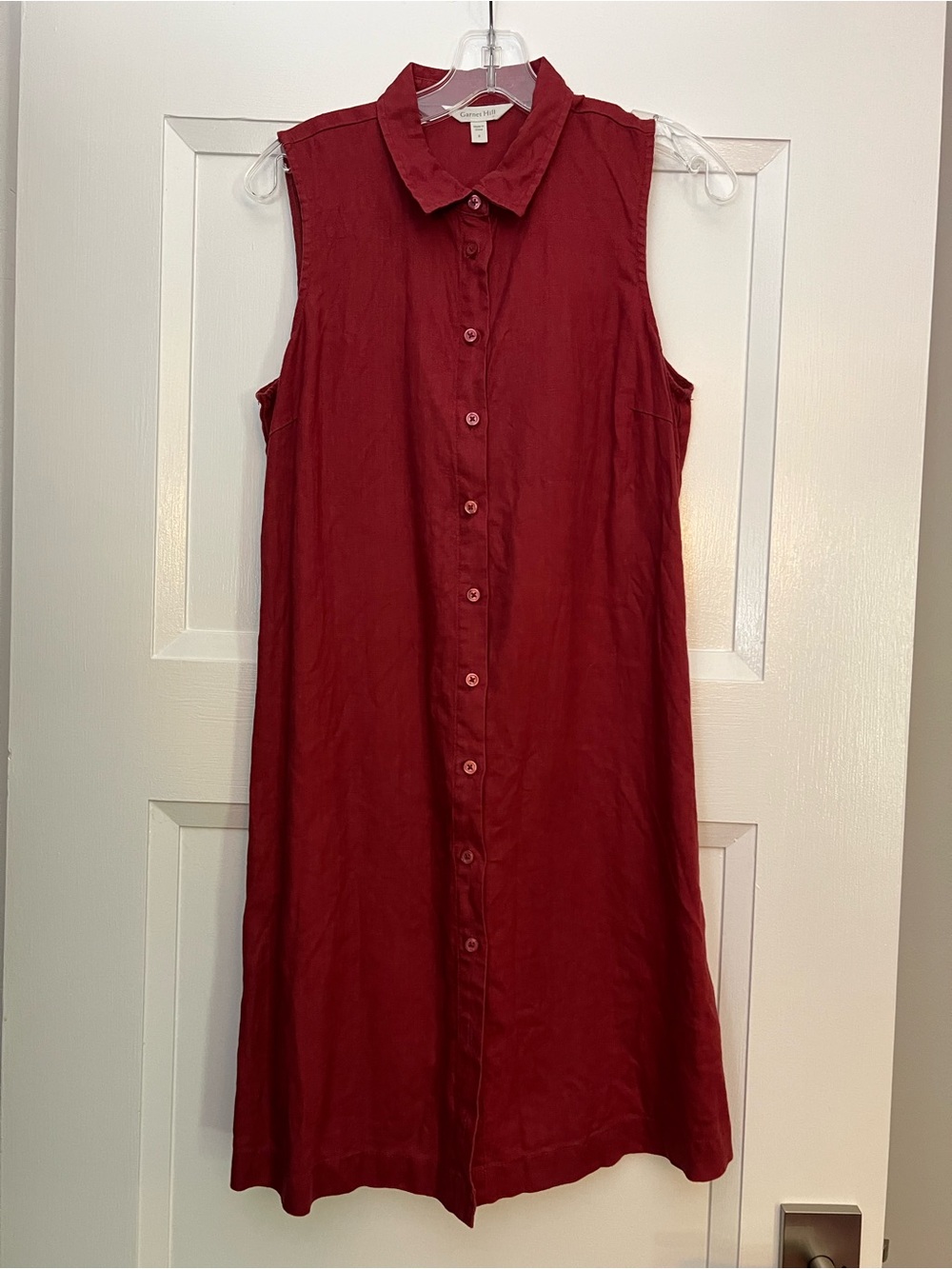 Garnet Hill Dress. Red Sleeveless Button-Down Linen